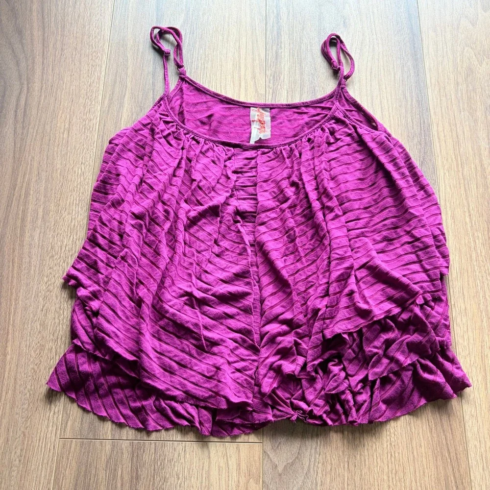 Free People Magenta Purple Ruffle Trapeze‎ Cami Top Y2K Shadow Stripe Small